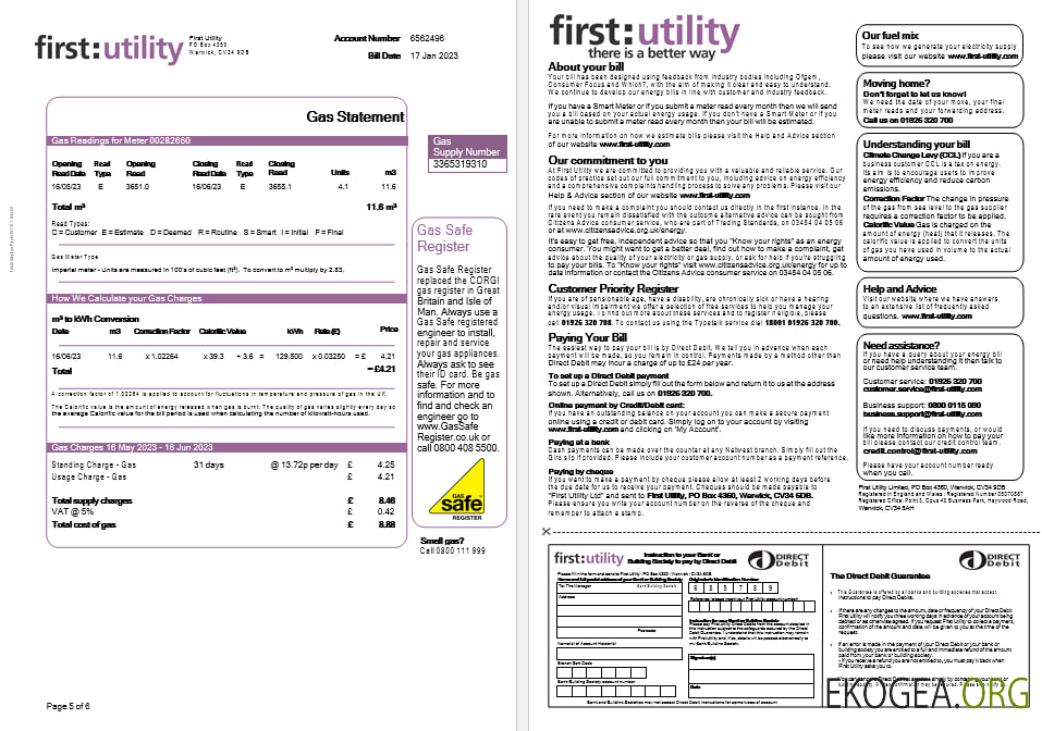 United Kingdom First gas and electricity utility bill in Word and PDF formats, 6 pages..
